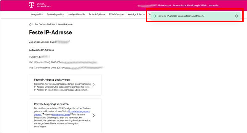 Feste IP-Adresse erfolgreich aktiviert
