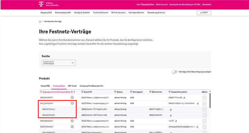 Vertrag und Standort auswählen