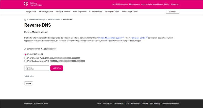 Reverse DNS Mapping anlegen