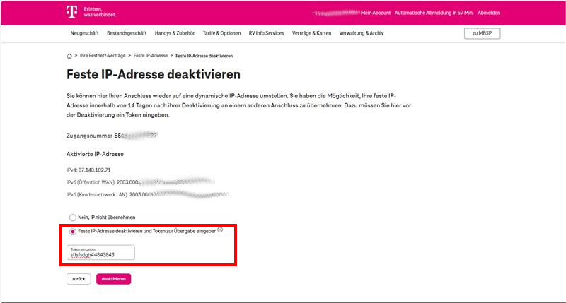 Feste IP-Adresse mit Token deaktivieren