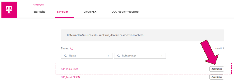 SIP-Trunk im BSP auswählen